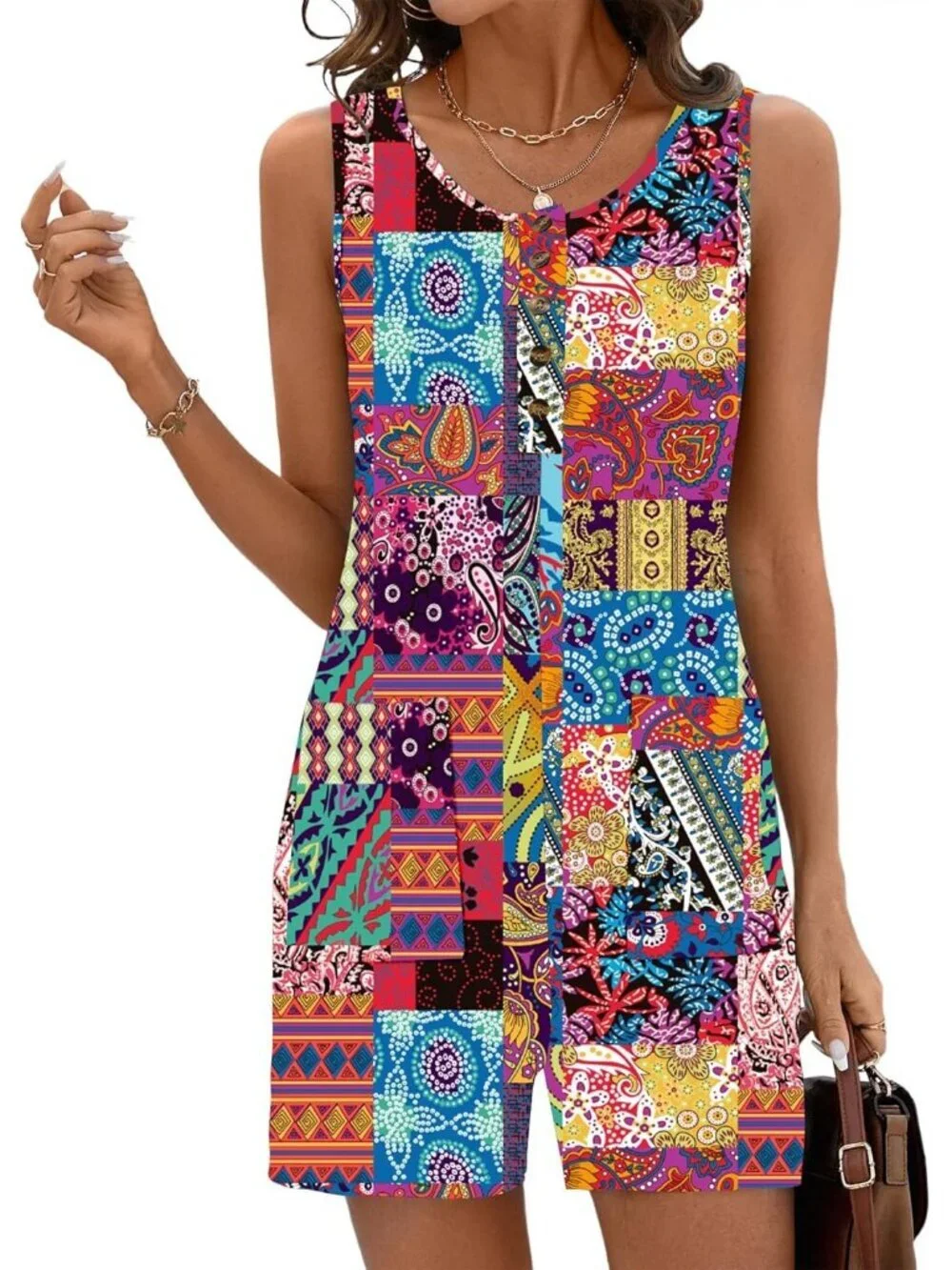 Women Colorful Polyester Casual Sleeveless Scoop Neck Short Jumpsuits Rompers - Picture 1 of 6